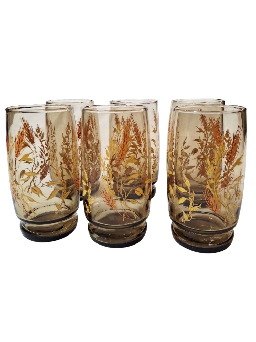 Vintage Libbey Wheat Pattern Tumblers Set Of 6 Smoky Brown Glasses 12 Oz Mid-Cen